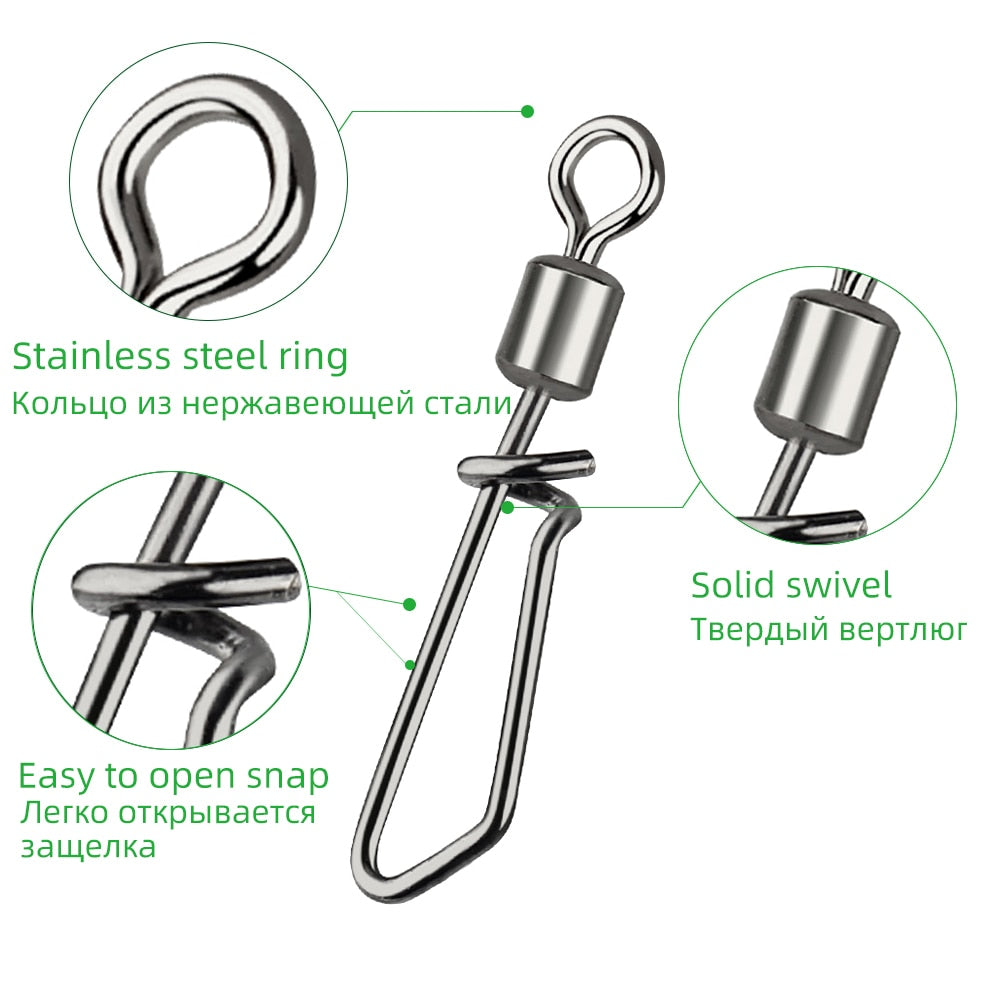 DNDYUJU 50pcs Fishing Connector Rolling Swivel With T-shape Snap Fishing Swivels Stainless Steel Beads Fishing Accessories