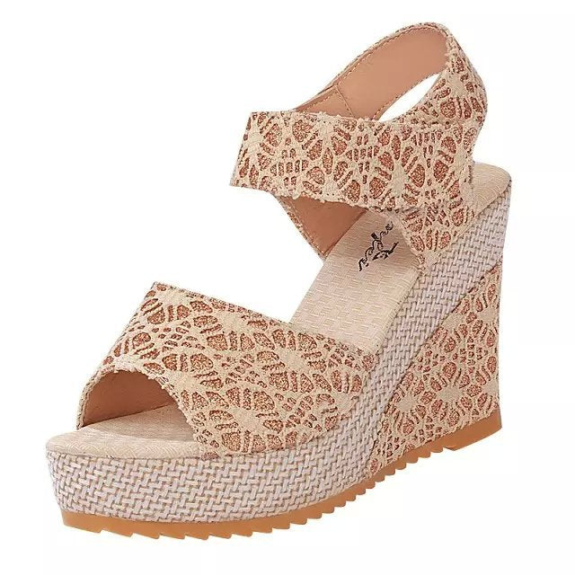 Fish Mouth Wedge Platform Lace Velcro Ladies Sandals - Snapitonline