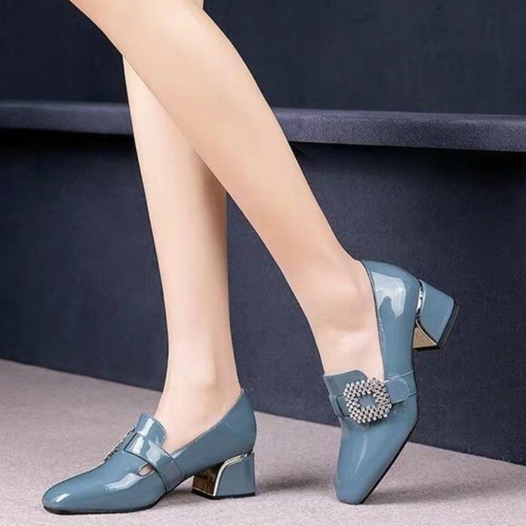 Trendy Thick Heel Shoes Women Square Toe Mouth Shoes Rhinestone Patent Leather High Heels Low-Top Shoes - Snapitonline