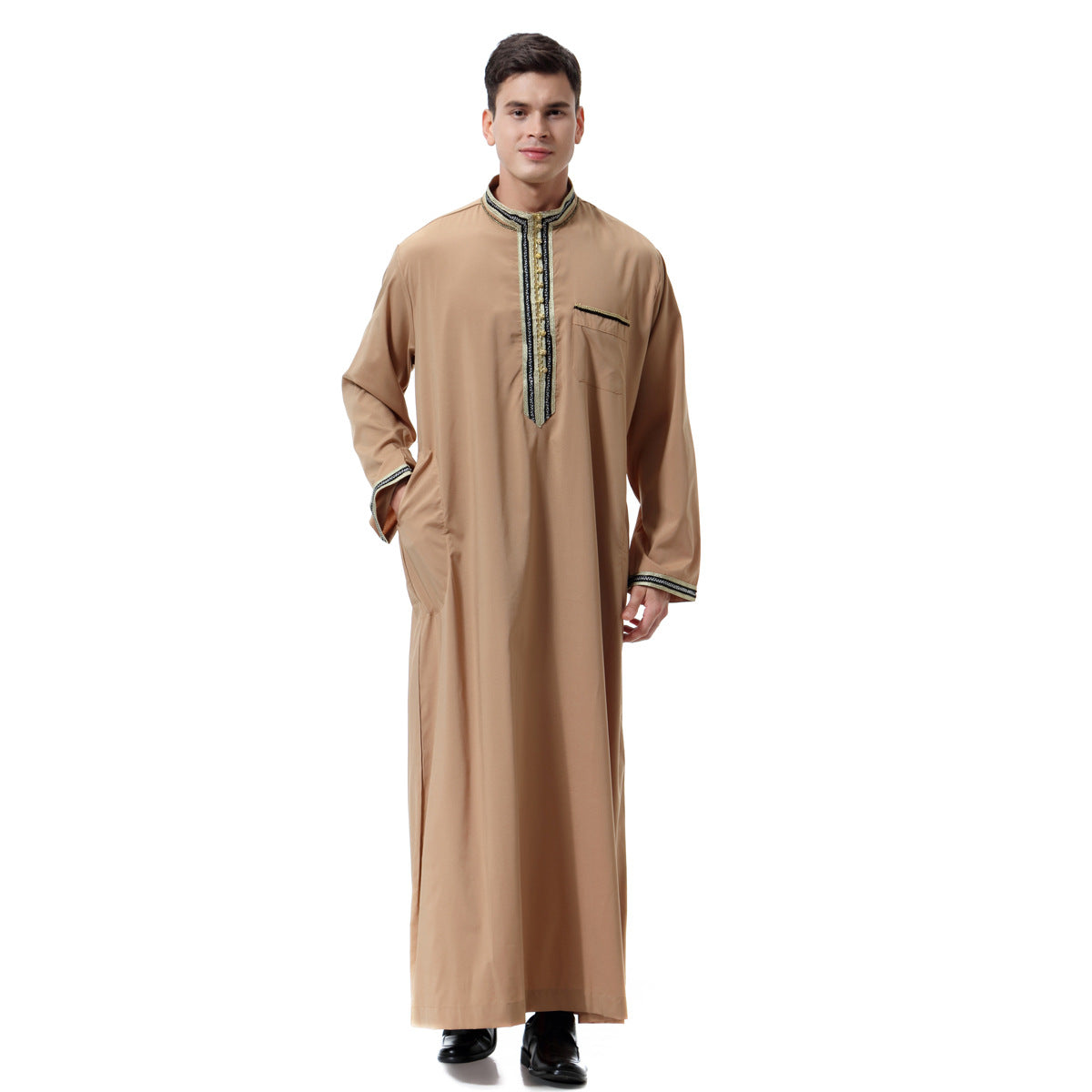 Muslim Arab Middle East Men's Applique Stand Collar Robe, TH810 - Snapitonline