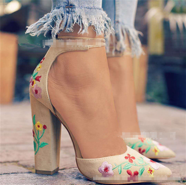 Womens Pumps Shoes Dorsay Ankle Strap Block High Heels Embroidery Flowers - Snapitonline