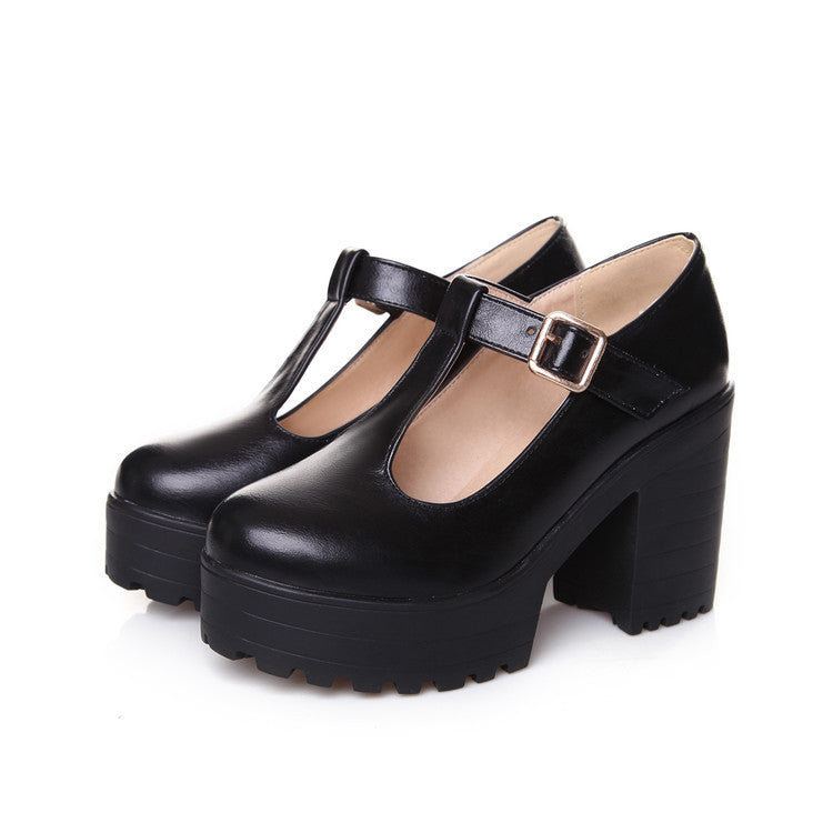 Womens Pumps Shoes Mary Jaen Block Platforms Heels T-strap - Snapitonline