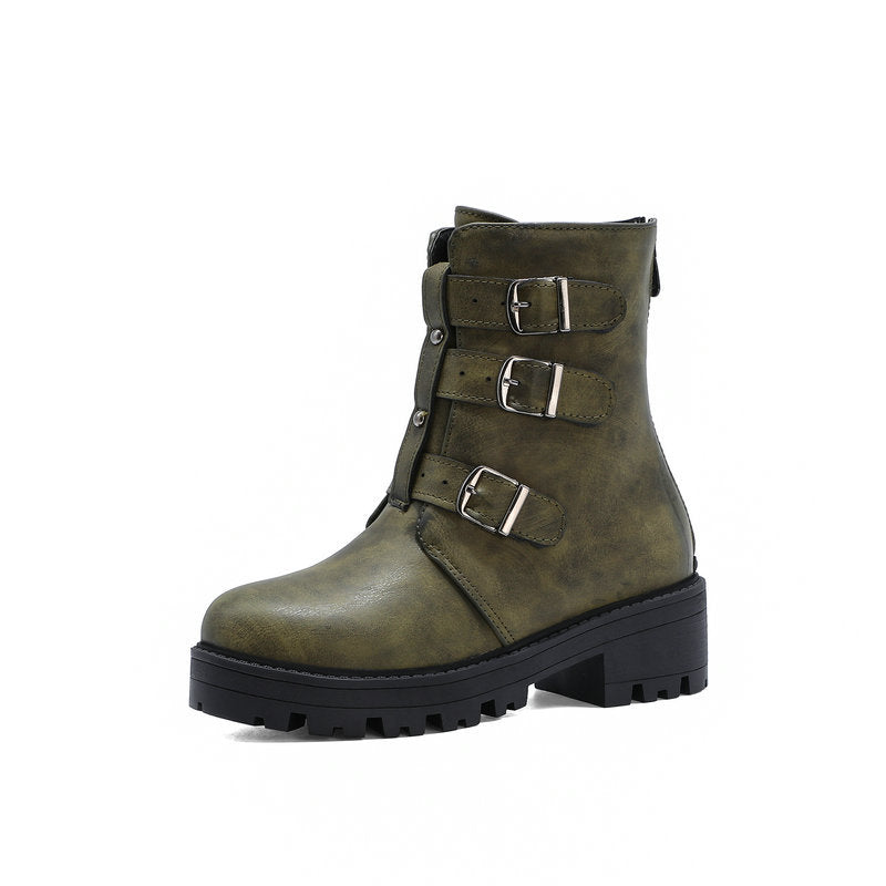 Thick-soled Round Toe Martin Boots with belt buckle - Snapitonline