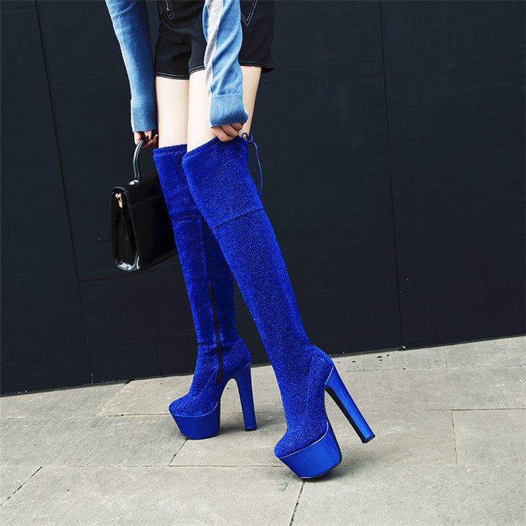 Womens Thigh Bling Sequined Cloth Platforms High Heels Long Boots - Snapitonline