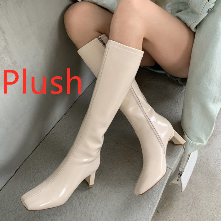 Square head side zipper boots high boots - Snapitonline