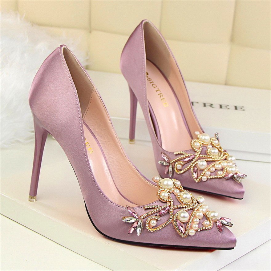 Women Pumps Rhinestone High Heels Shoes Women Pointed Toe Crystal Pearl Party Shoes Sexy Wedding Shoes - Snapitonline