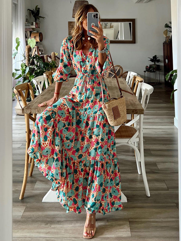 Elegant V-neck five-quarter-sleeved multicolored floral pleats stitching large swing dress Snapitonline