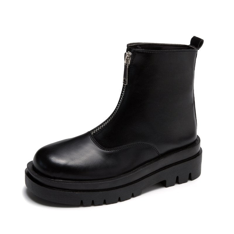 Front zipper low-top thick heel mid-top Martin boots Snapitonline