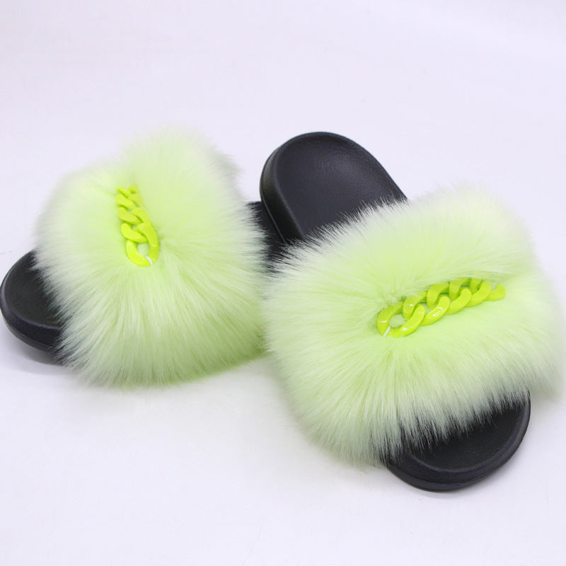 Furry Fur Slippers Fluffy Flip Flops Women Summer Faux Fox Sandals Designer Chain Plush Raccoon Fur Slides Beach Home Flat Shoes Snapitonline