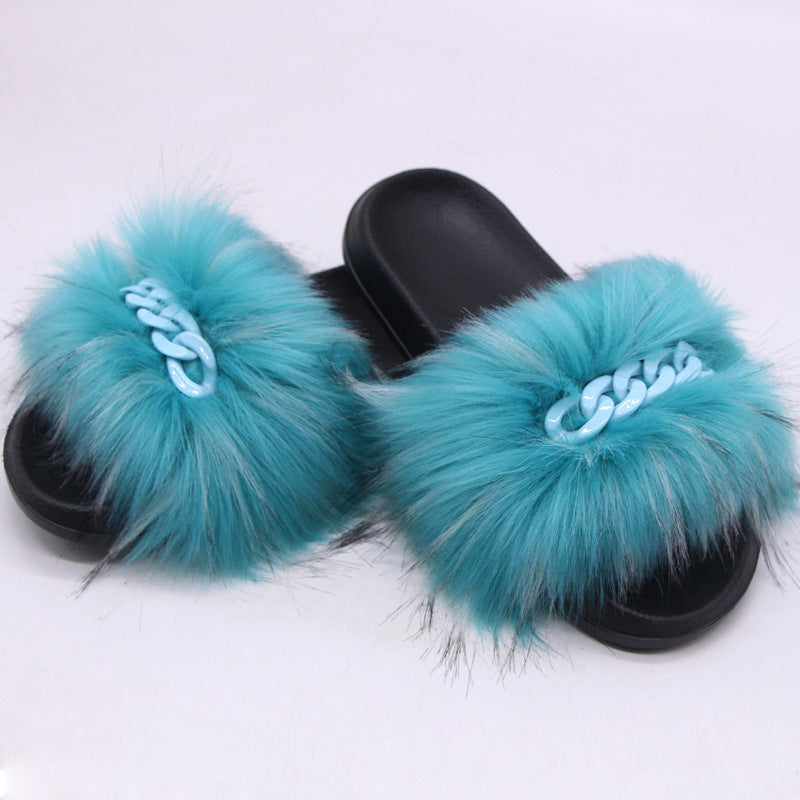 Furry Fur Slippers Fluffy Flip Flops Women Summer Faux Fox Sandals Designer Chain Plush Raccoon Fur Slides Beach Home Flat Shoes Snapitonline