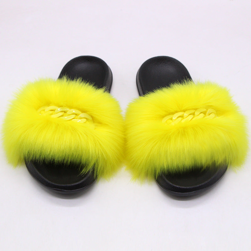 Furry Fur Slippers Fluffy Flip Flops Women Summer Faux Fox Sandals Designer Chain Plush Raccoon Fur Slides Beach Home Flat Shoes Snapitonline