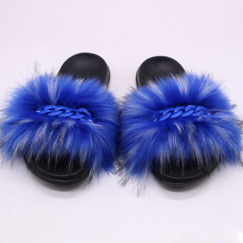 Furry Fur Slippers Fluffy Flip Flops Women Summer Faux Fox Sandals Designer Chain Plush Raccoon Fur Slides Beach Home Flat Shoes Snapitonline