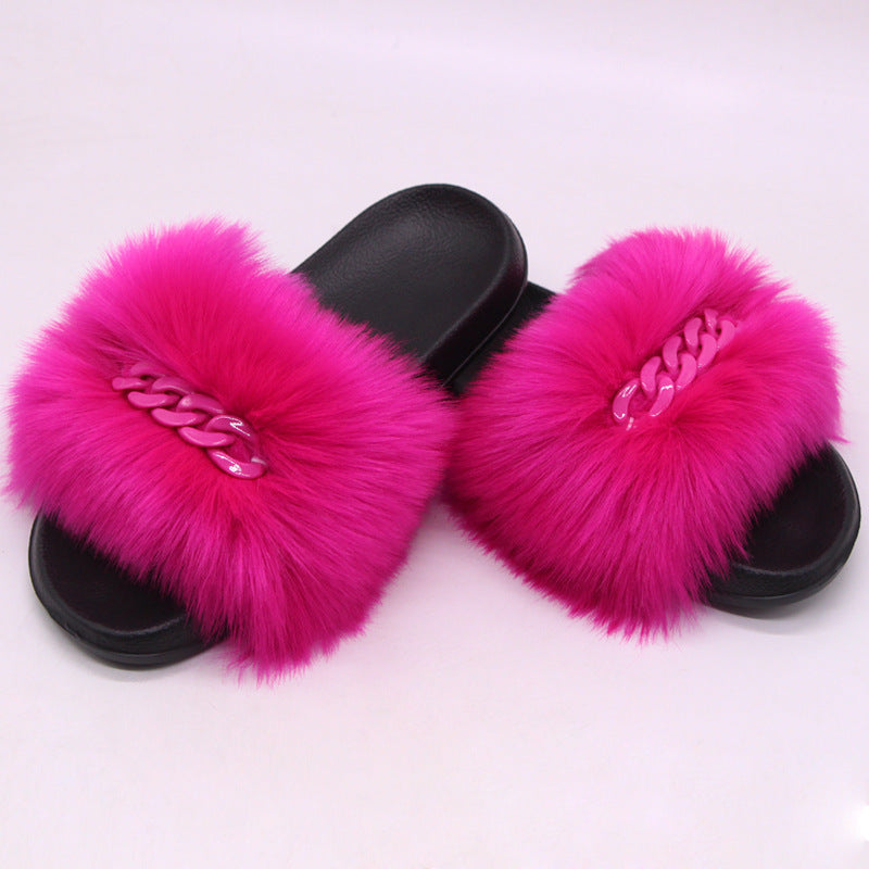 Furry Fur Slippers Fluffy Flip Flops Women Summer Faux Fox Sandals Designer Chain Plush Raccoon Fur Slides Beach Home Flat Shoes Snapitonline