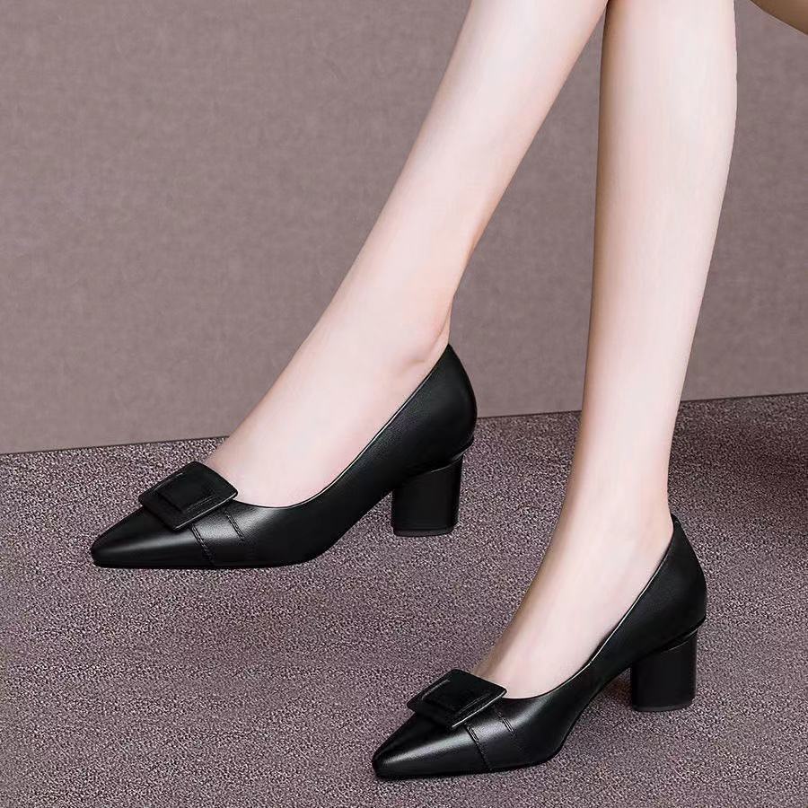Genuine Leather Thick Heel Single Shoes Women Mid-heel Pointed Toe Women's Shoes Pumps Double Brown Snapitonline