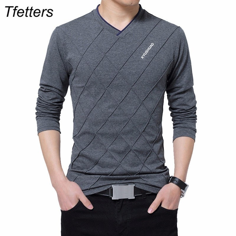 TFETTERS Fashion Men T-shirt Slim Fit Custom T-shirt Crease Design Long Stylish Luxury V Neck Fitness T-shirt Tee Shirt Homme - Snapitonline