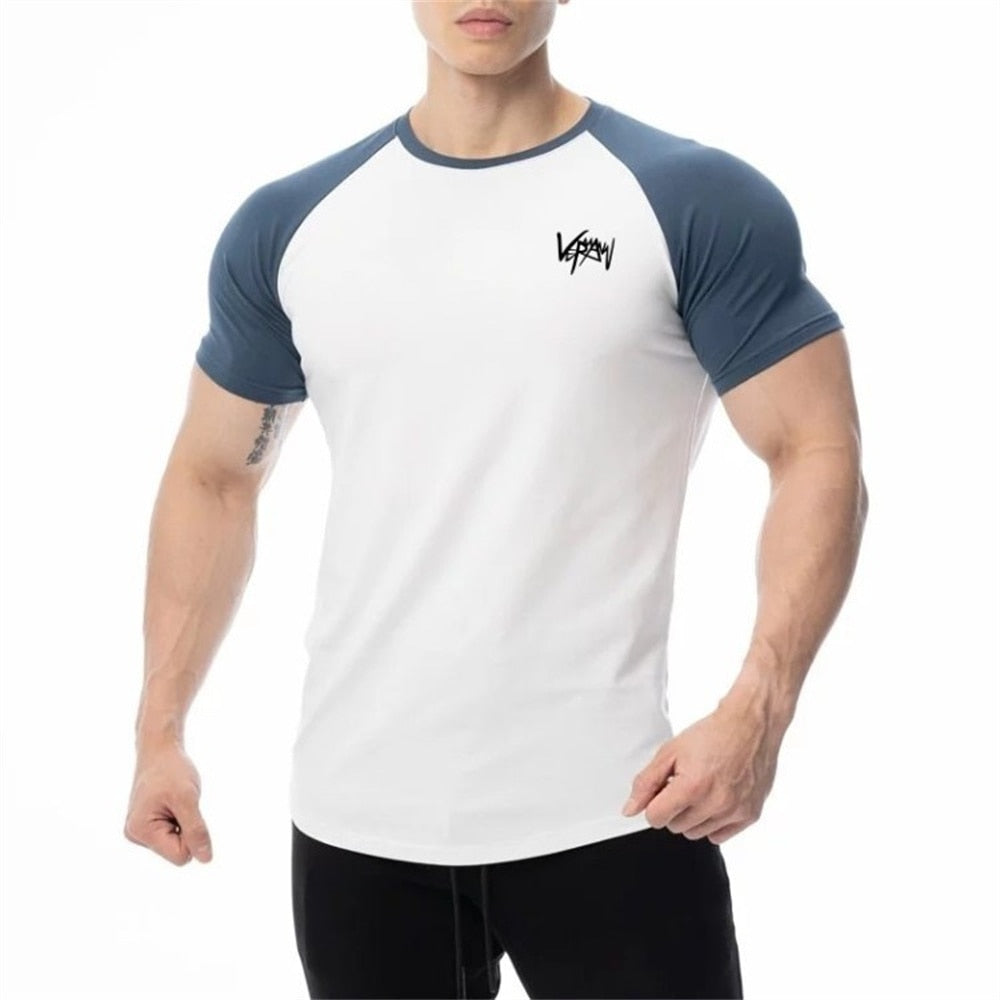 Men Cotton Patchwork T-shirt Summer Gym Fitness Bodybuilding Skinny Short sleeve Shirts Male Casual Training Tees Tops Clothing - Snapitonline