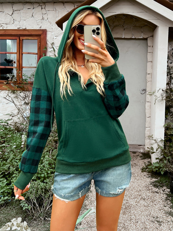 Women's Casual Plaid Panel Hooded Loose Top