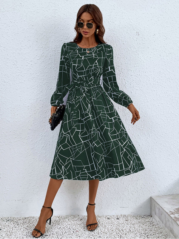 Women's fashion print lace-up waist-length sleeve dress