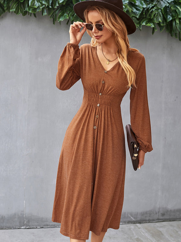 Waist slimming A-line skirt V-neck elastic sexy dress