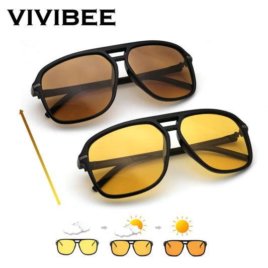 VIVIBEE Men Photochromic Night Vision Sunglasses Color Change Transition 2024 Yellow Big Sun Glasses Oversized Polarized Goggles