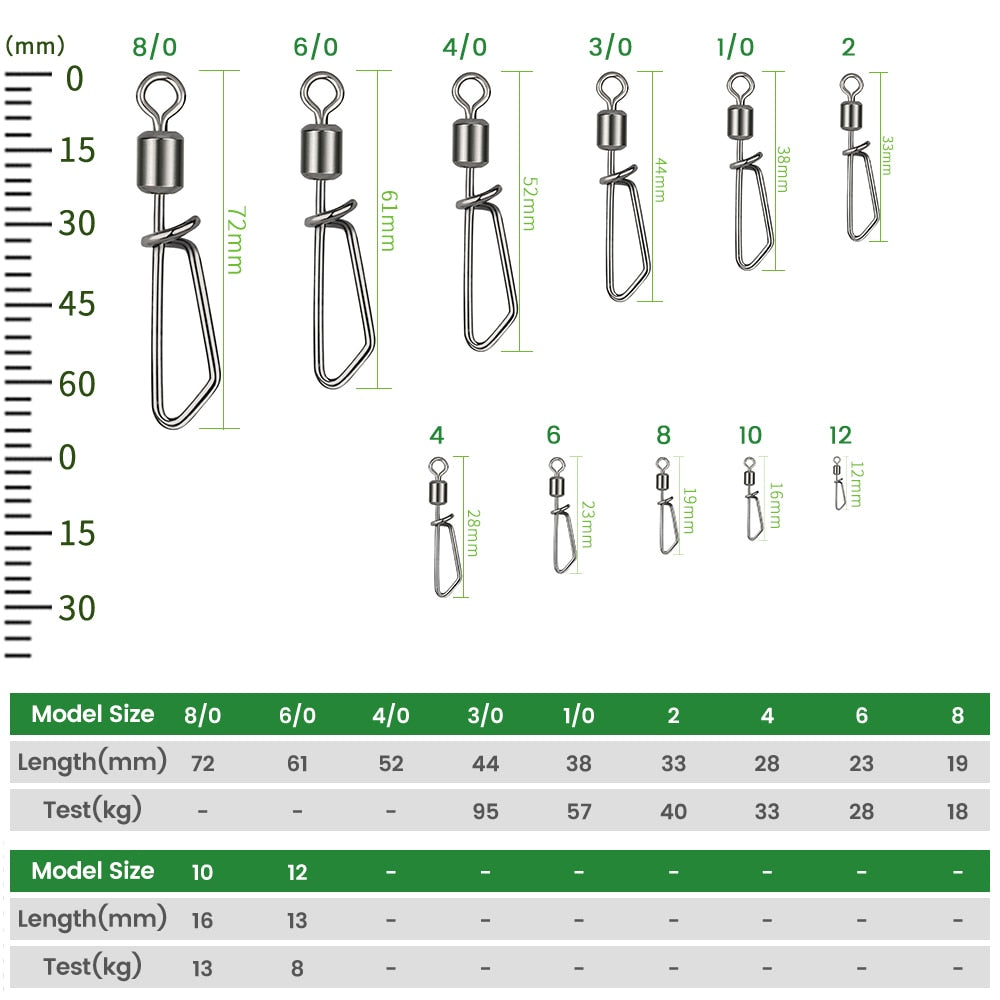 DNDYUJU 50pcs Fishing Connector Rolling Swivel With T-shape Snap Fishing Swivels Stainless Steel Beads Fishing Accessories