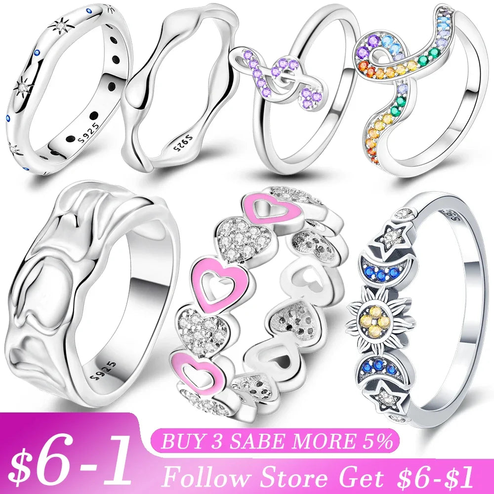 925 Sterling Silver Rings Stackable Colored Zircon Sun Moon Star Center for Women Original Silver 925 Wedding Ring Jewelry Gift