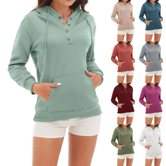 Women's Fashion-forward Hooded Top Button Drawstring Pocket Padded Long Sleeve Casual Sweatshirt Minimalist High-Quality
