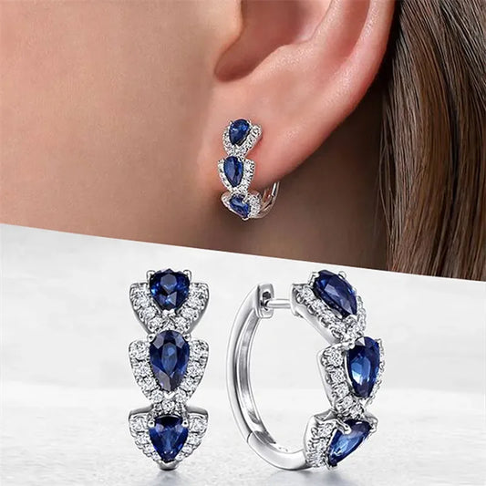 Huitan Luxury Trendy Blue Cubic Zirconia Hoop Earrings Wedding Party Elegant Accessories for Women Anniversary Gift New Jewelry