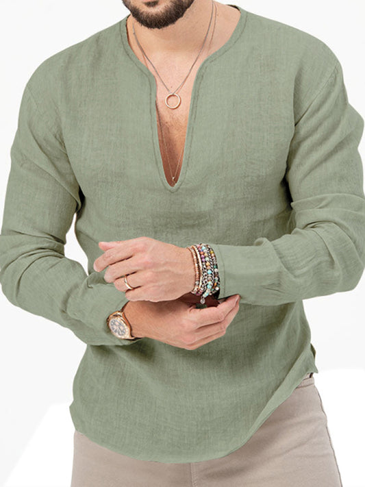 New Men's Henry Long Sleeve T-Shirt Slim Fit Solid Color Large Size Deep V Neck Shirt
