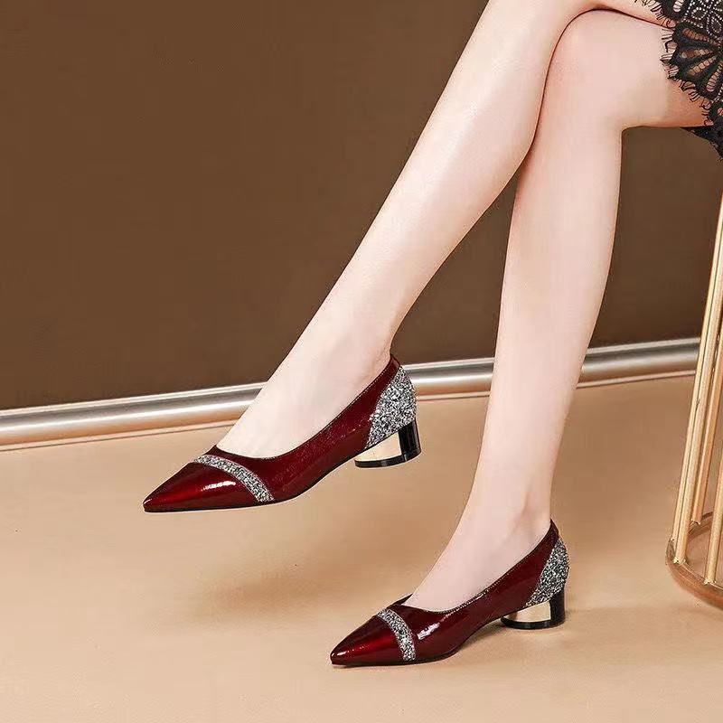 Low-heel Burgundy Pumps Mid-heel Large Size Women's Shoes - Snapitonline