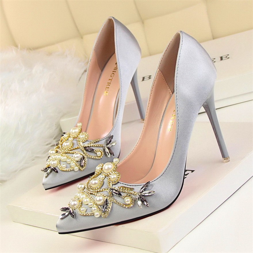 Women Pumps Rhinestone High Heels Shoes Women Pointed Toe Crystal Pearl Party Shoes Sexy Wedding Shoes - Snapitonline