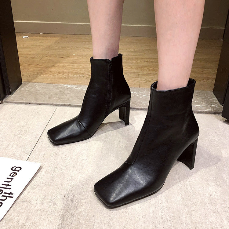 Square toe stitching high heel ankle boots - Snapitonline