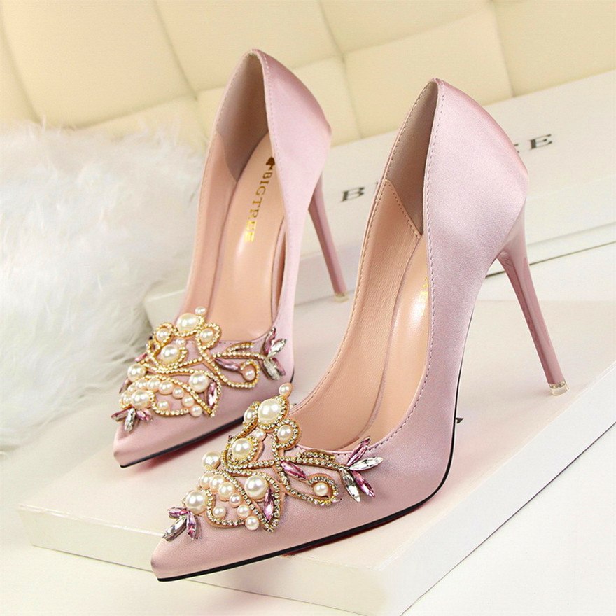 Women Pumps Rhinestone High Heels Shoes Women Pointed Toe Crystal Pearl Party Shoes Sexy Wedding Shoes - Snapitonline