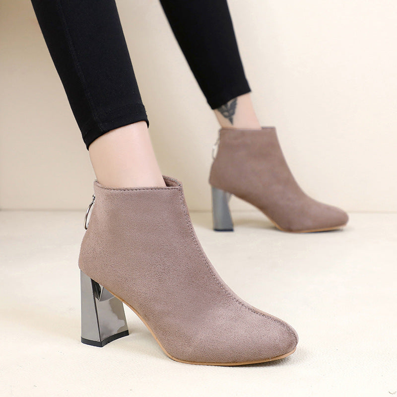 Zipper short tube thick heel British boots - Snapitonline