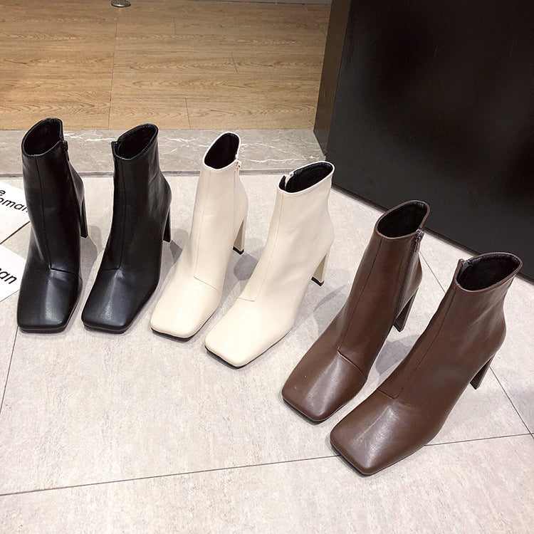 Square toe stitching high heel ankle boots - Snapitonline