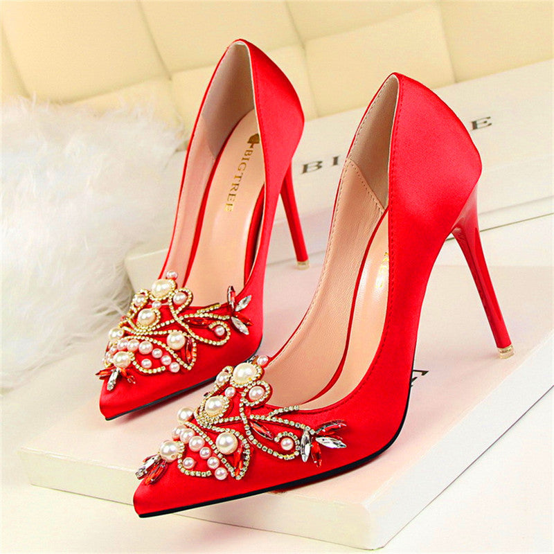 Women Pumps Rhinestone High Heels Shoes Women Pointed Toe Crystal Pearl Party Shoes Sexy Wedding Shoes - Snapitonline