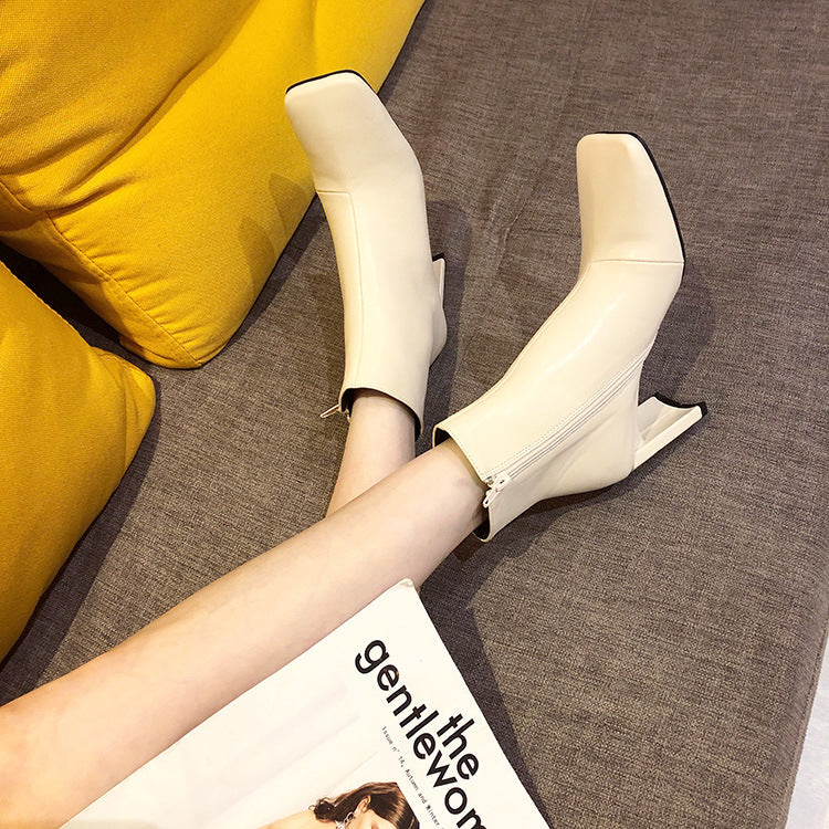 Square toe stitching high heel ankle boots - Snapitonline
