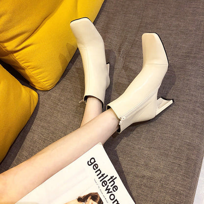 Square toe stitching high heel ankle boots - Snapitonline