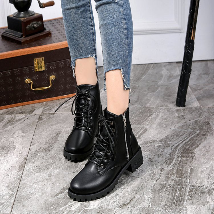 Women's Leather Boots High Top Women's Single Shoes Black Leather Boots - Snapitonline