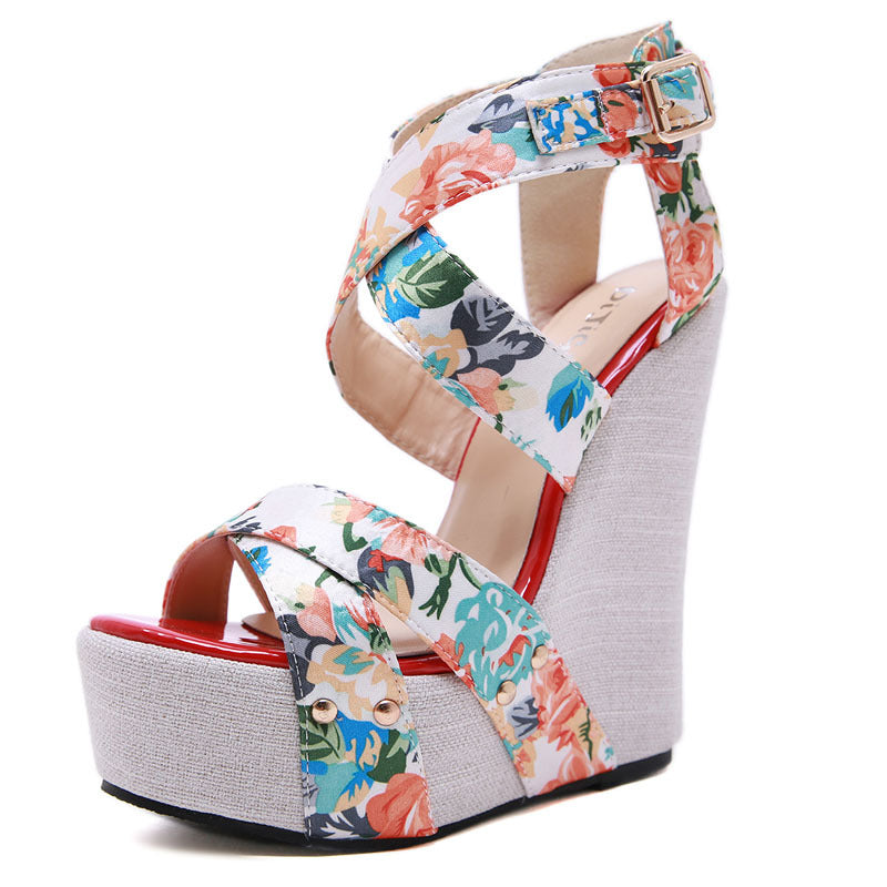 Silk-Printed Wedge High-Heel Comfortable Platform Sandals - Snapitonline