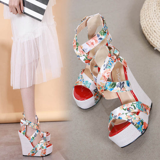 Silk-Printed Wedge High-Heel Comfortable Platform Sandals - Snapitonline