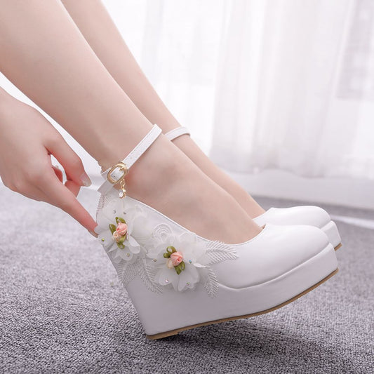 Wedge Heel Lace Flower Wedding Shoes - Snapitonline