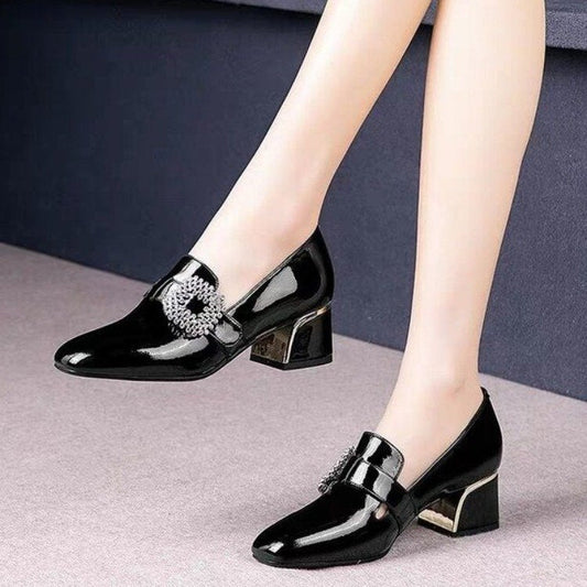 Trendy Thick Heel Shoes Women Square Toe  Mouth Shoes Rhinestone Patent Leather High Heels Low-Top Shoes - Snapitonline