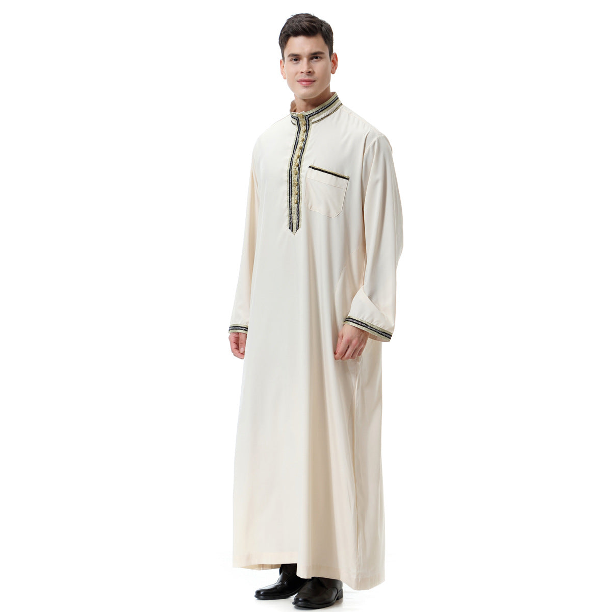 Muslim Arab Middle East Men's Applique Stand Collar Robe, TH810 - Snapitonline