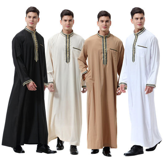 Muslim Arab Middle East Men's Applique Stand Collar Robe, TH810 - Snapitonline