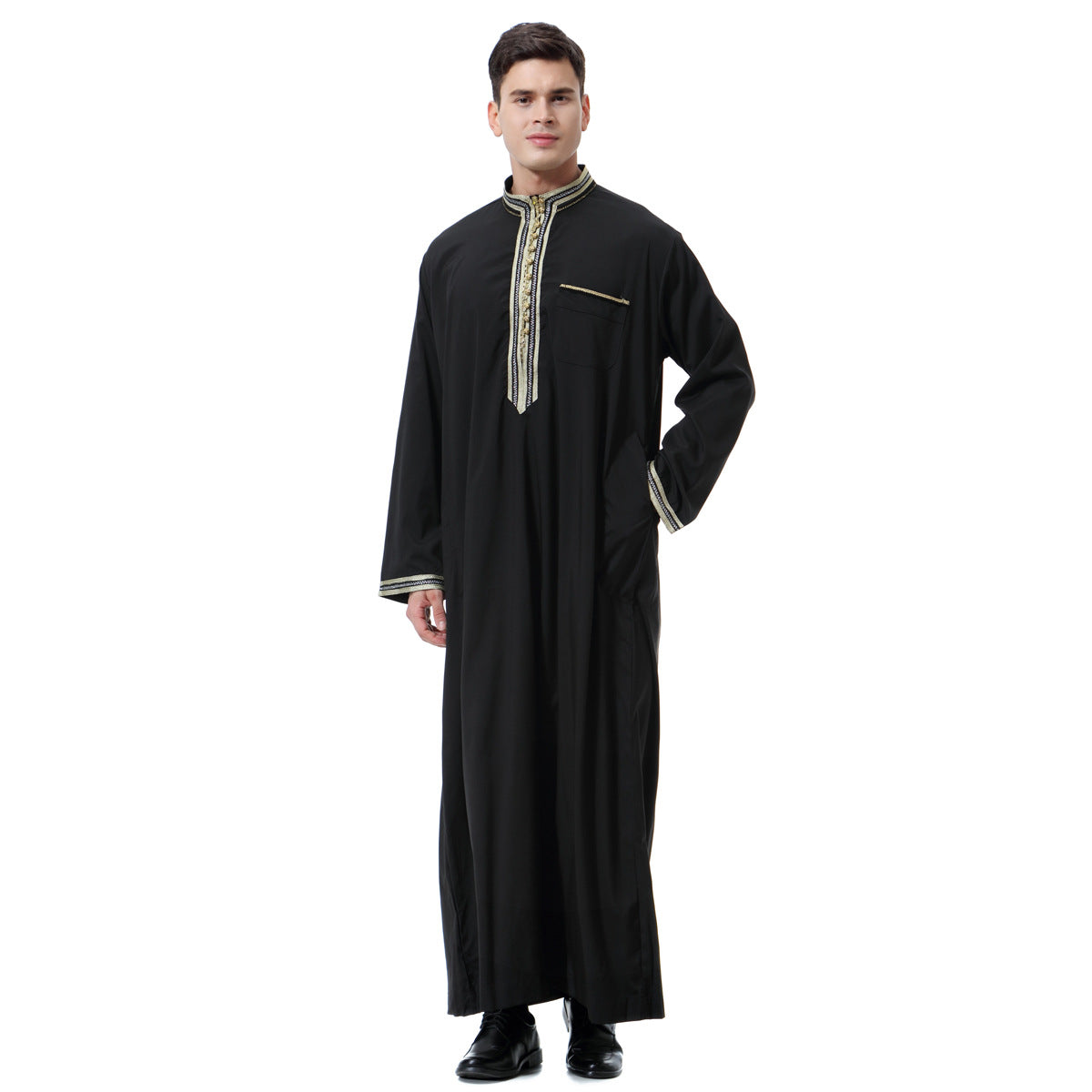 Muslim Arab Middle East Men's Applique Stand Collar Robe, TH810 - Snapitonline