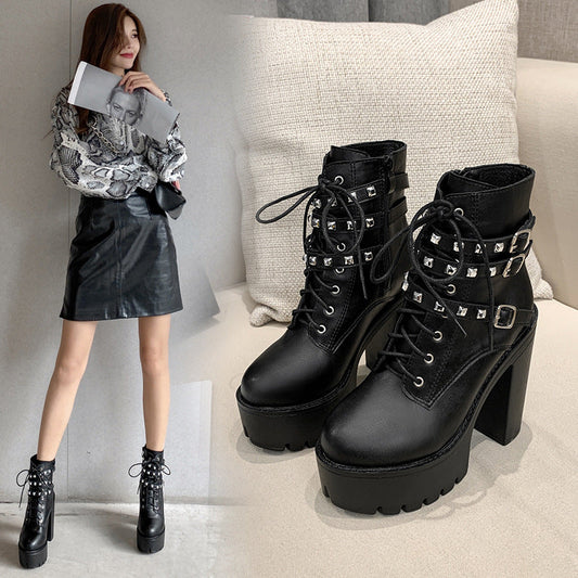 Platform Boots With Thick Soles and Thick Heels and Velvet Rivets - Snapitonline