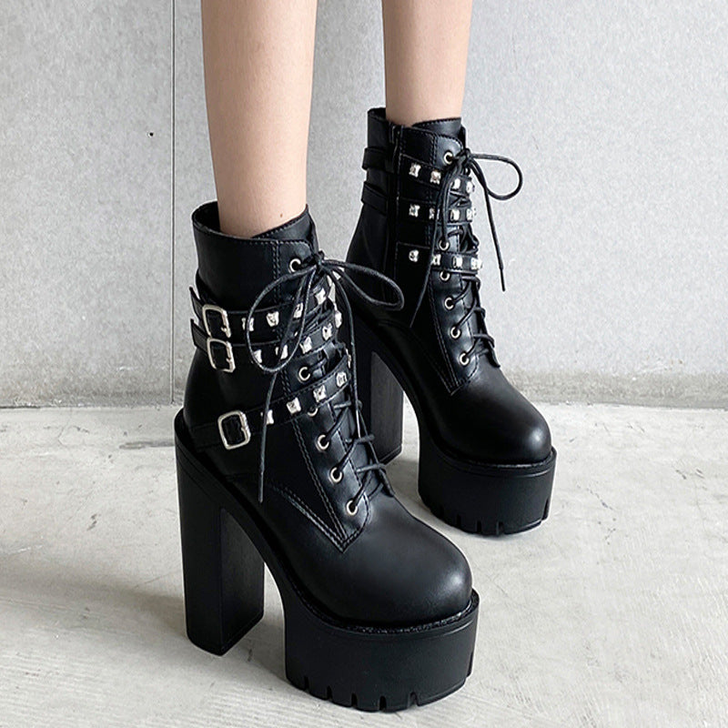 Platform Boots With Thick Soles and Thick Heels and Velvet Rivets - Snapitonline