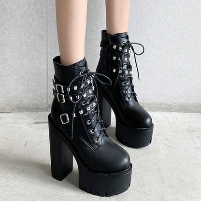 Platform Boots With Thick Soles and Thick Heels and Velvet Rivets - Snapitonline