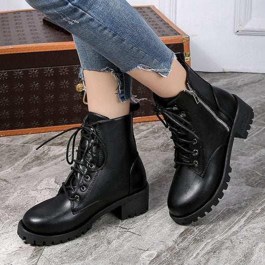 Women's Leather Boots High Top Women's Single Shoes Black Leather Boots - Snapitonline